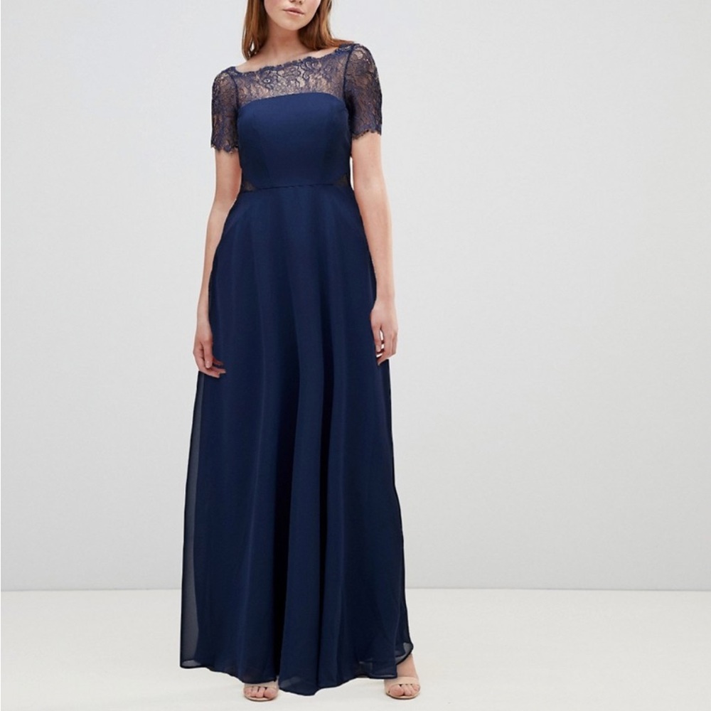 ASOS Navy Blue Maxi Formal Evening Prom Gown Lace Cutout UK 8 US 4 Worn Once